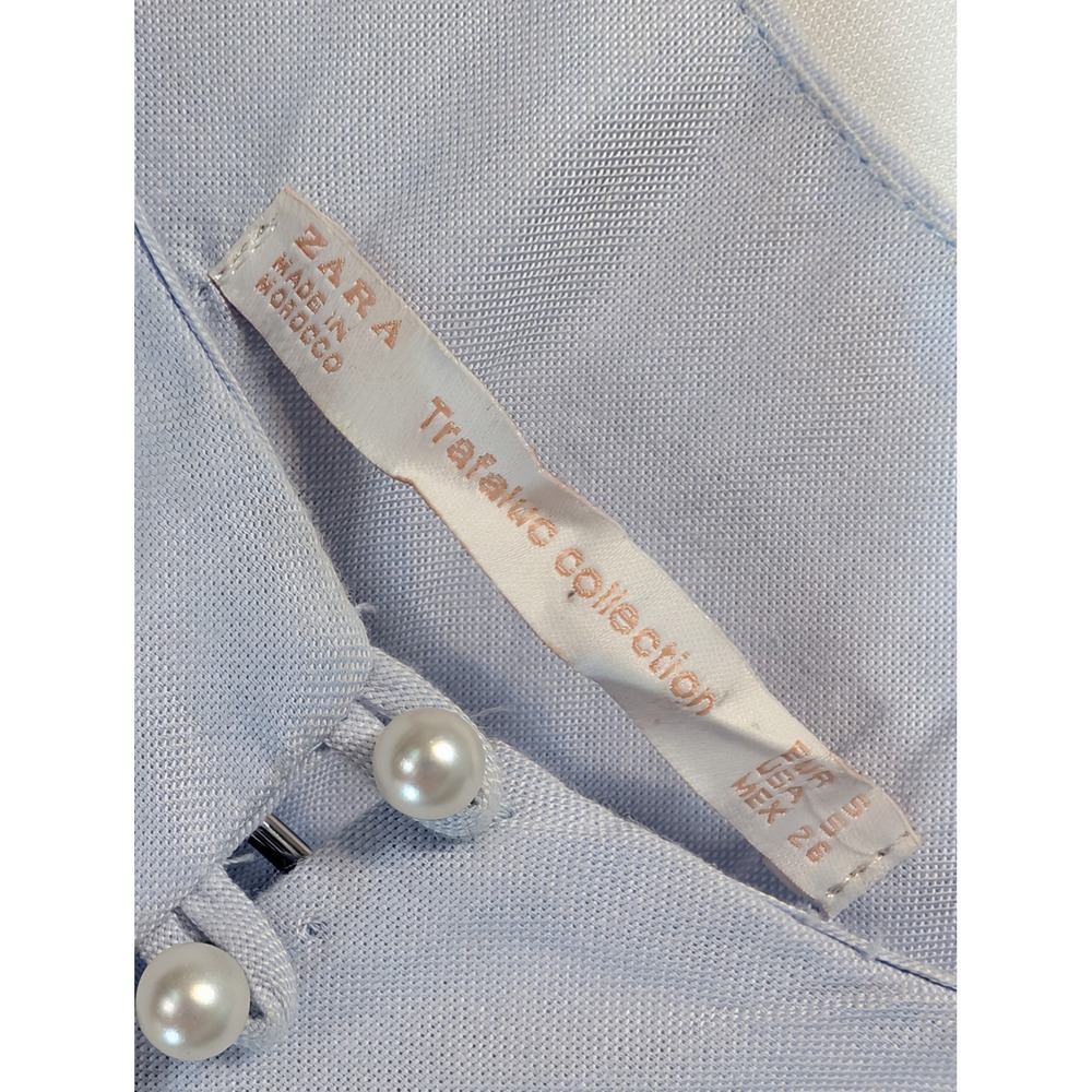 Zara Trafaluc Light Blue Pinstripe Pearl Button Tiered High Low Ruffle Dress S - Picture 3 of 5
